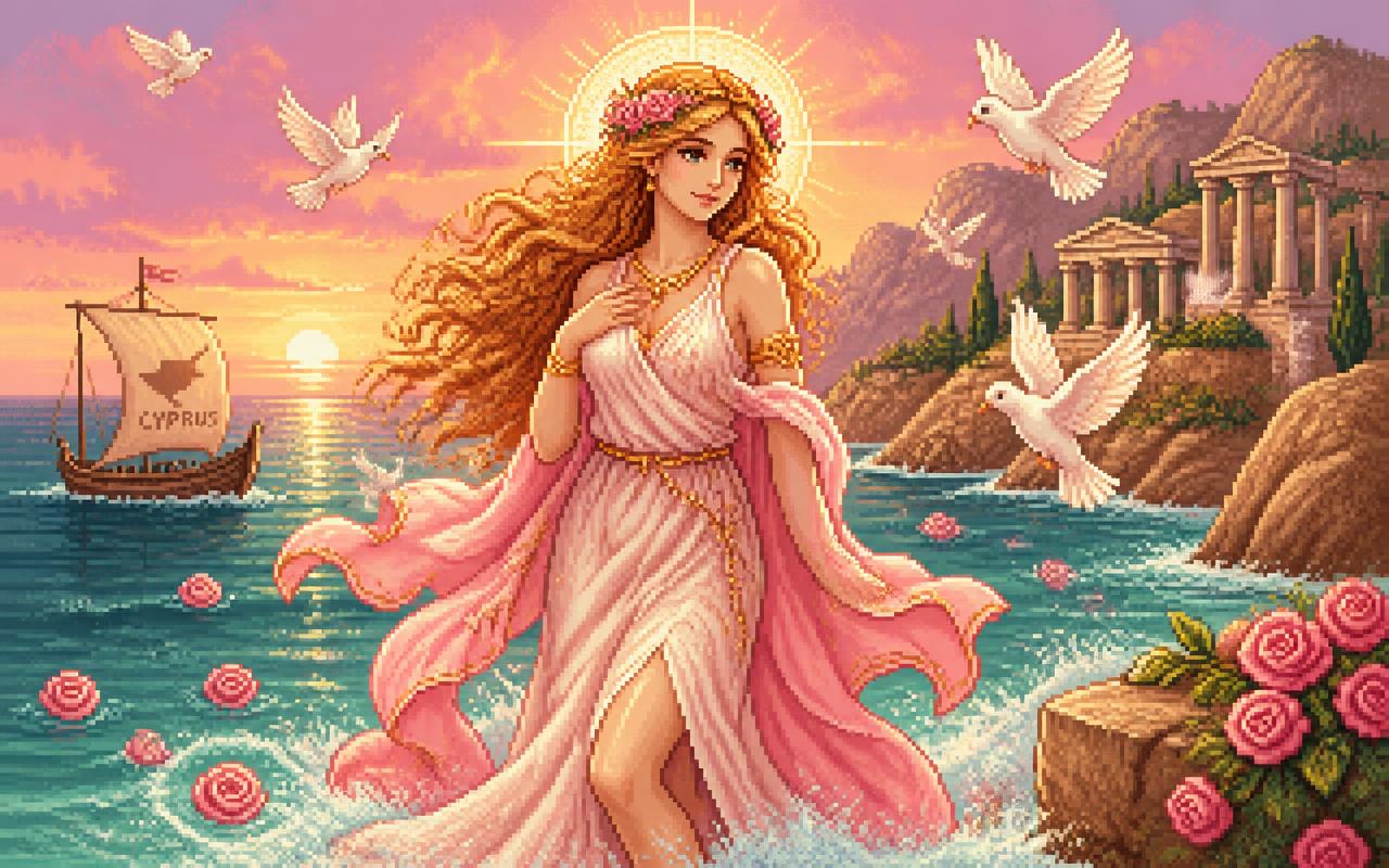 Pixel art of Aphrodite rising from the seafoam on the rocky coast of Cyprus at golden hour, surrounded by doves and floating roses
