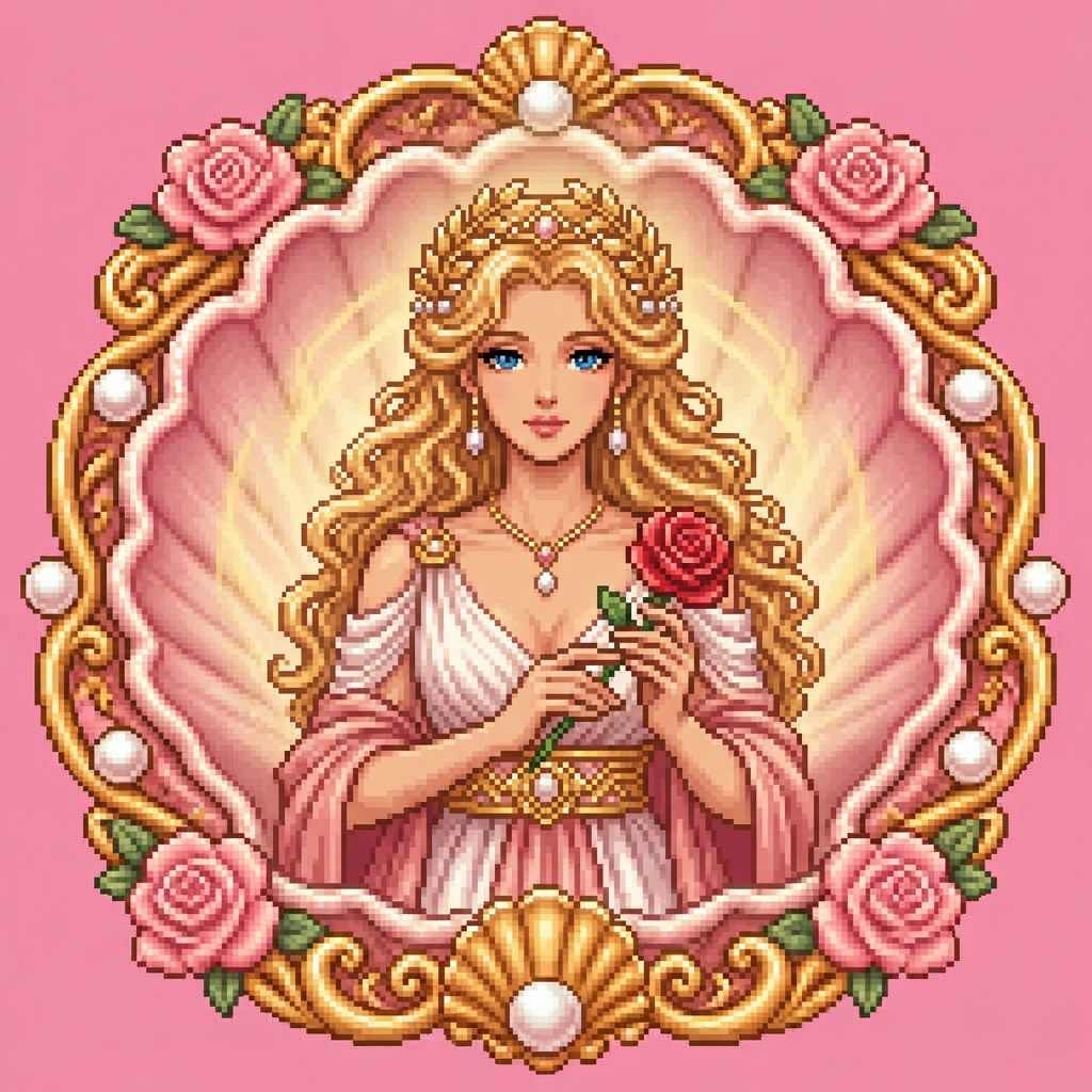Pixel art of the goddess Aphrodite as a priestess in flowing rose and white robes with a gold laurel crown, holding a red rose within an ornate gold and pearl shell frame