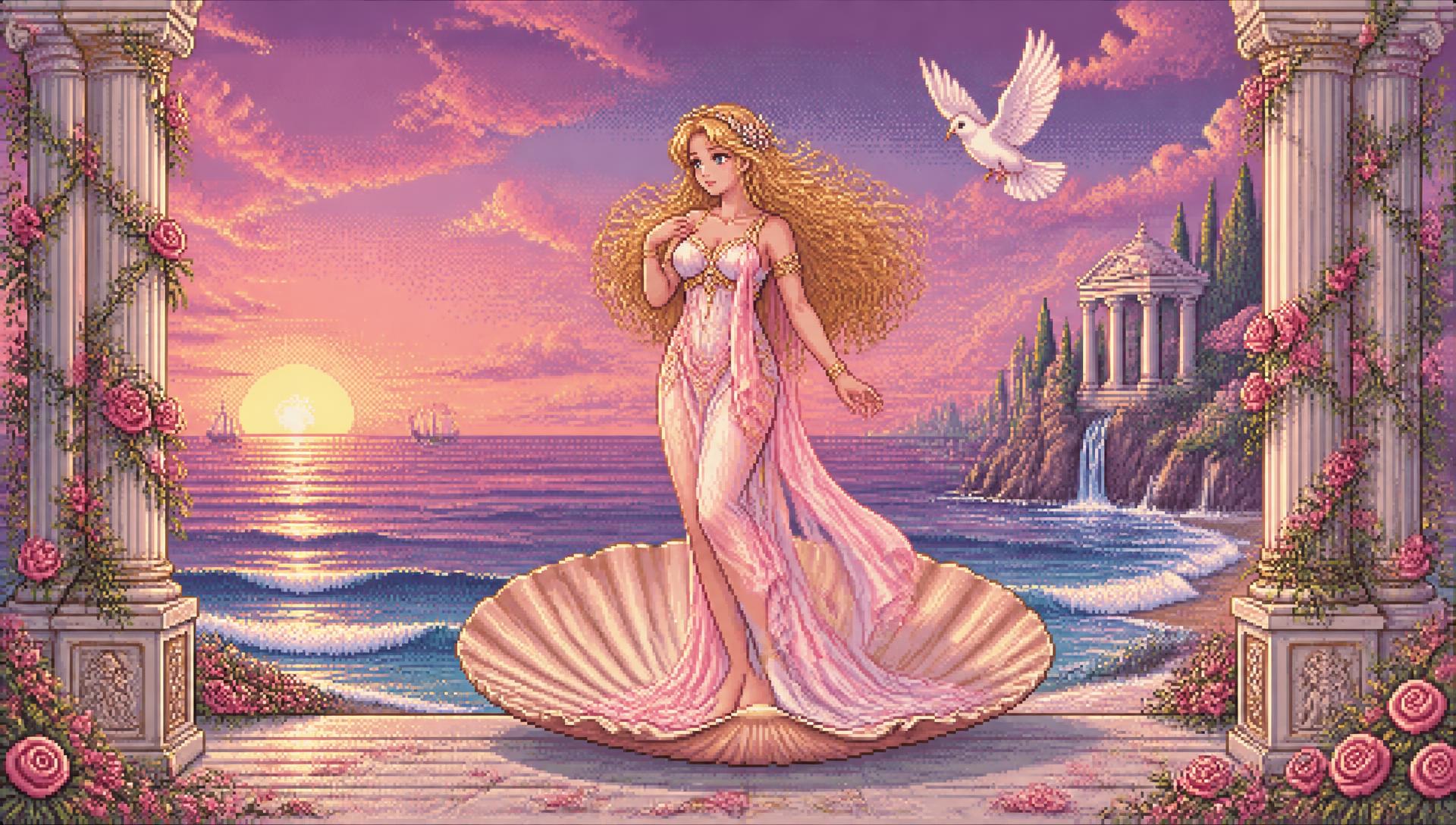 Pixel art of Aphrodite rising on a seashell at sunset between rose-covered columns