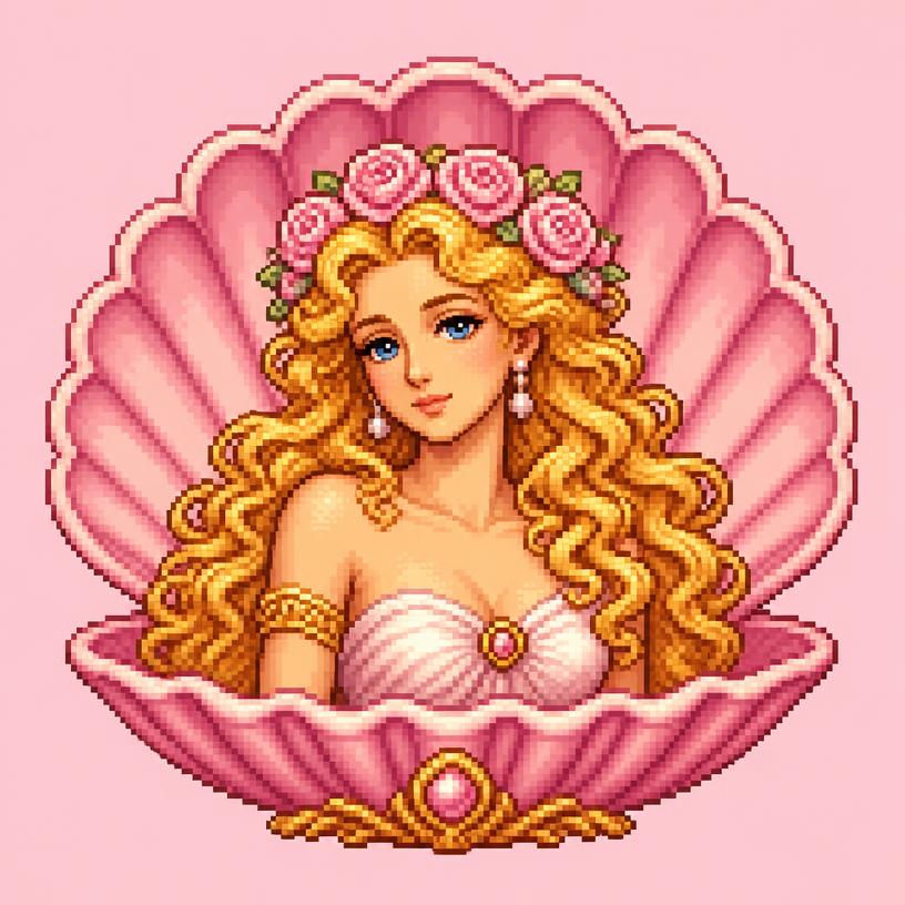 Aphrodite resting within a pink seashell